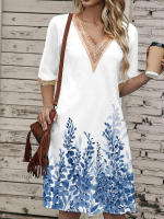 Vestido Corto Impreso Verano Con Cuello V Y Encaje Talla Grande Hasta La Rodilla Para Mujer Estilo Casual Polyester - details 21