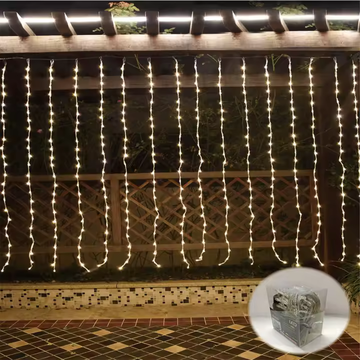 PLUSHOME Luz Led de Cortina 384Leds 2.2mx1.8m + 3m Cable ,Efecto Lluvia, Interior y Exterior Disponible en 4 colores .8 Funciones Ajustables. - 1