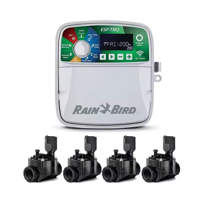 RAIN BIRD Programador de Riego ESP-TM2 4 zonas Interior Rain Bird | Riego Automatico para Jardin |  4 Electroválvulas 100HV 24V 1'' - 1