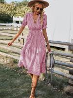 Vestido Largo Medio Casual De Rayas Para Mujer Con Borlas Cuello V Manga Corta Estilo A-Line Primavera Verano Polyester - details 2