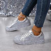 Zapato Casual Para Mujer Magnífico En Plata Con Cordones Cómodo Tallas Grandes Moda 2024 Material Superior PU Zapatos Planos - details 1