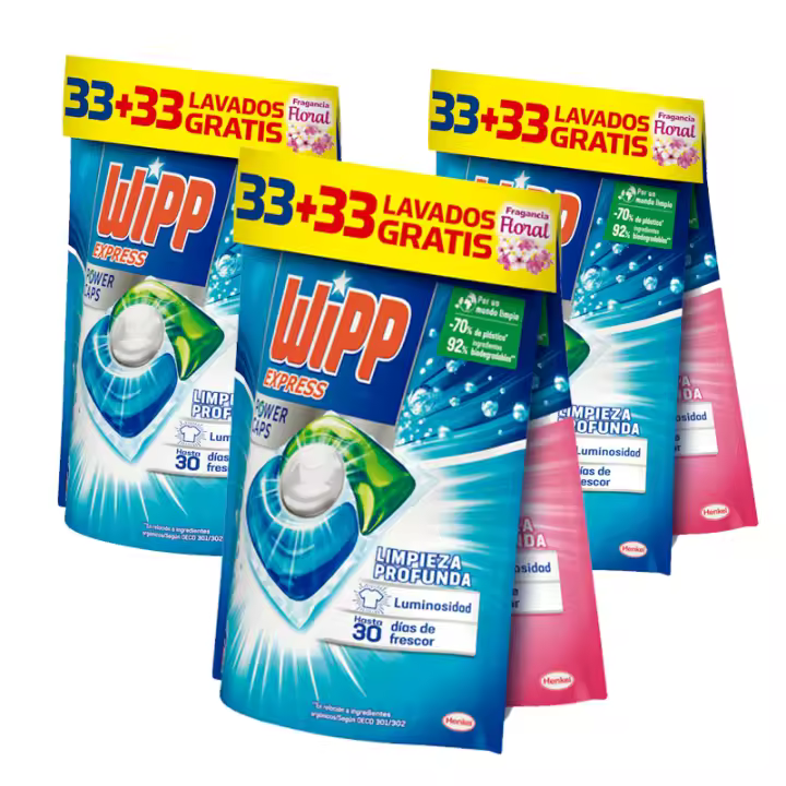Pack de Detergente WIPP Express Power Caps cápsulas - 33 limpieza profunda + 33 floral (132/ 198/ 264 Capsulas),Limpieza Profunda, Eficaz en Agua Fría - 1