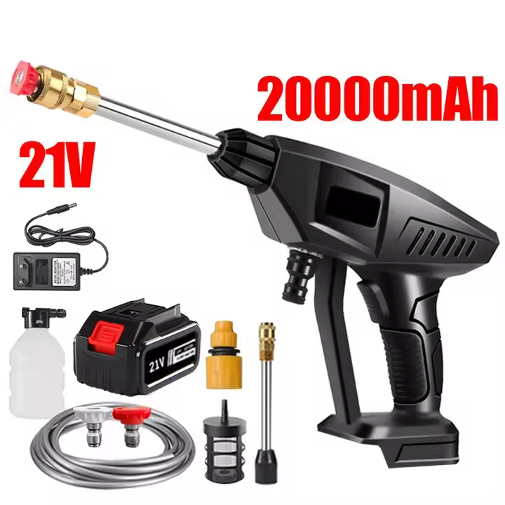 60Bar Pistola de lavado de coche de alta presión inalámbrica portátil, Ajuste de tres posiciones Lavado de coches, utensilios de limpieza doméstica boquilla ajustable con batería de iones de litio, gran volumen - 1