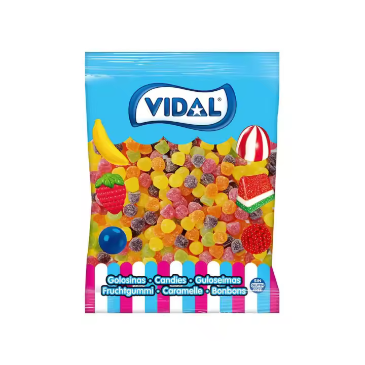 Vidal Gomitas de azúcar en bolsa de 1 Kg - Todo un clásico en golosinas de diferentes colores y sabores a limón, plátano, naranja, manzana, fresa, frambuesa y con una deliciosa cobertura de azúcar - Sin gluten y sin grasa - 1