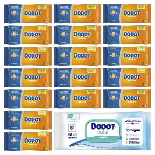 Dodot Caja con 18 paquetes de Toallitas - 17x54 Toallitas Dodot Básico + 1x48 Toallitas Dodot Aqua Pure 99% - 1