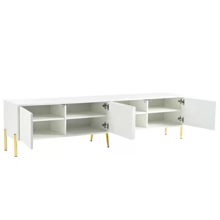 Soporte de TV Blanco, 190 cm de Largo x 38 cm de ancho x 48 cm de bajo, Pitas Doradas, Diseño de Puerta estriada - 1