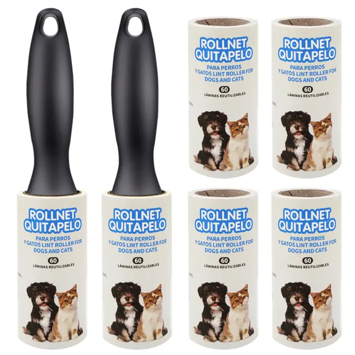 Quitapelusa para Mascotas [2 Mango y 6 Rollos (60 Hojas/Roll)] Cepillo de Limpieza para Hogar Removedor de Polvo Pegajoso Recolector Pelo Cepillo Limpiador del Polvo - 1