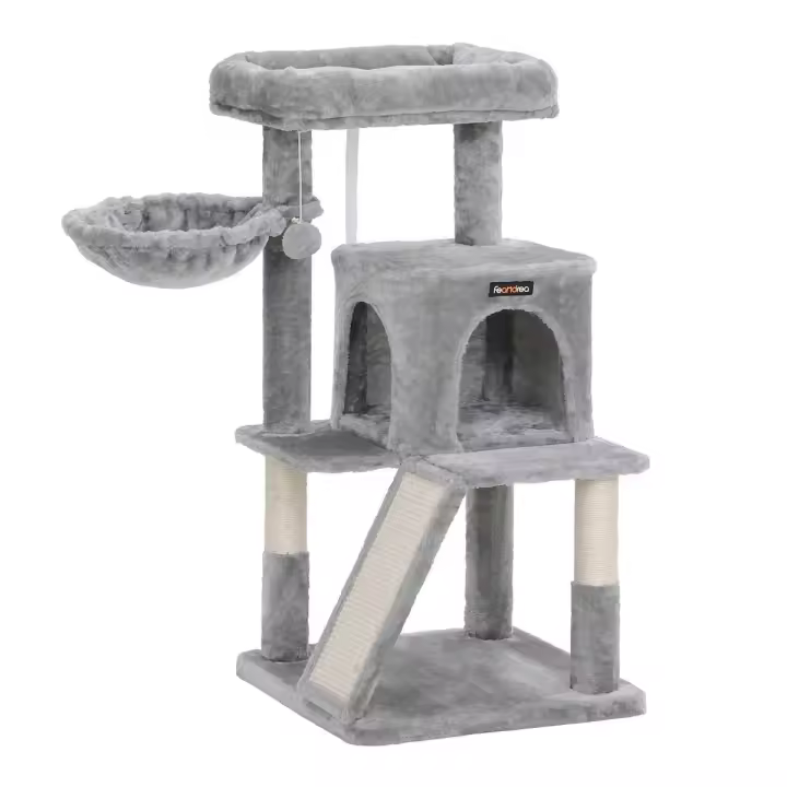 Rascador para gatos, vivienda, rampa de subida, plataforma superior, torre con hamaca, disponible en gris claro o antracita - 1