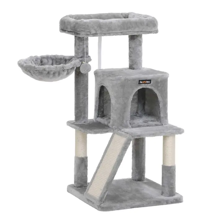 Rascador para gatos, vivienda, rampa de subida, plataforma superior, torre con hamaca, disponible en gris claro o antracita - 1