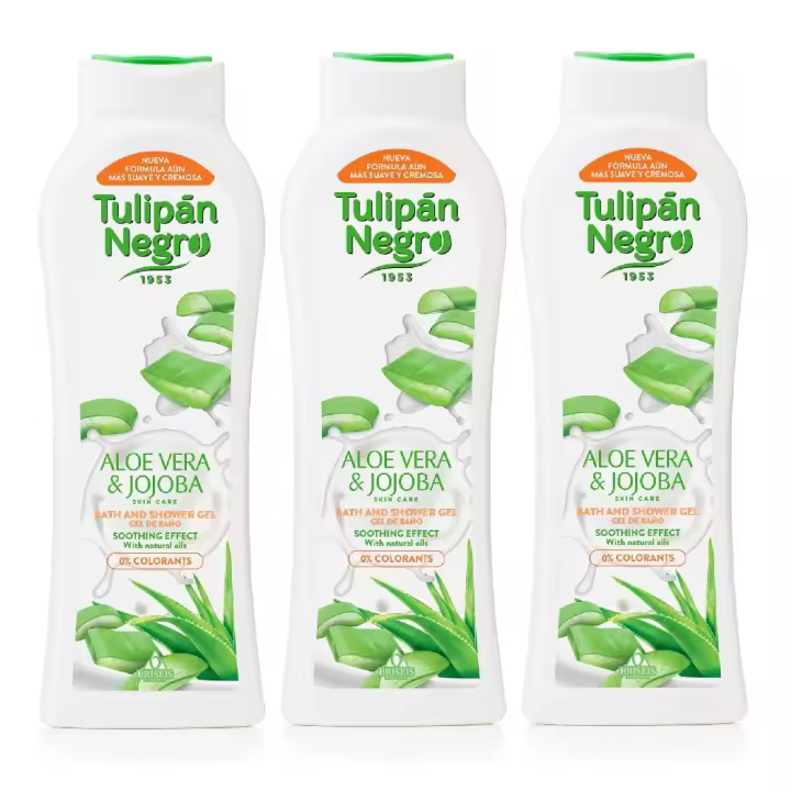 TULIPAN NEGRO, Gel de Baño y Ducha Aloe Vera & Jojoba 650ml (Pack de 3x650ml), De la Línea Skin Care Tulipán Negro, Máxima Hidratación y Suavidad para la Piel, Con aceites naturales y emolientes, Efecto calmante y refrescante, Delicada y suave fragancia - 1