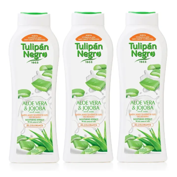 TULIPAN NEGRO, Gel de Baño y Ducha Aloe Vera & Jojoba 650ml (Pack de 3x650ml), De la Línea Skin Care Tulipán Negro, Máxima Hidratación y Suavidad para la Piel, Con aceites naturales y emolientes, Efecto calmante y refrescante, Delicada y suave fragancia - 1