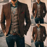 Chaqueta De Lana Marrón Herringbone Para Hombre Traje De Promoción Tuxedo Estilo Casual Dos Botones Solapa Notch Cuello Regular - details 0