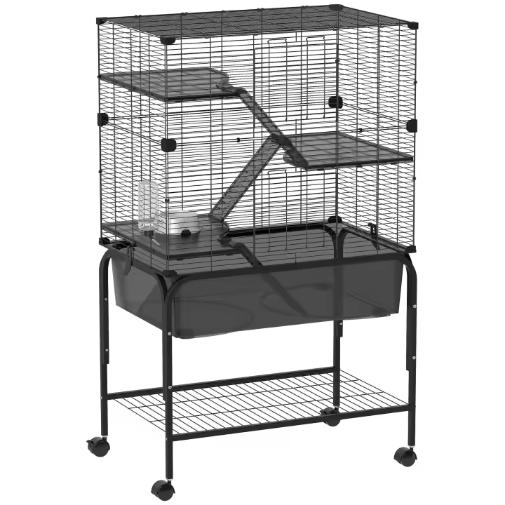 PawHut Jaula para Animales Pequeños de 4 Niveles con Ruedas Jaula para Roedores con Bandeja Profunda Rampas Plataformas Comedero y Bebedero Recinto para Chinchillas Hurones Hámster 73x47x123 cm Negro - 1