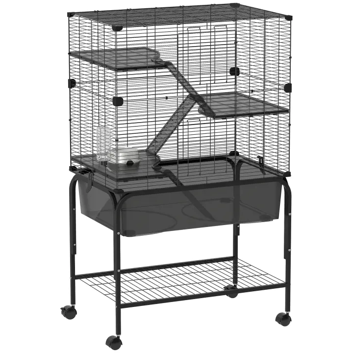 PawHut Jaula para Animales Pequeños de 4 Niveles con Ruedas Jaula para Roedores con Bandeja Profunda Rampas Plataformas Comedero y Bebedero Recinto para Chinchillas Hurones Hámster 73x47x123 cm Negro - 1