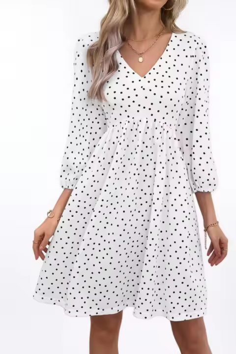 Vestido Midi De Manga 3/4 En Polka Dot Para Mujer Estilo Casual De Otoño Con Cuello En V Y Falda A-line Ajustada Y Floja Para Fiestas - 1