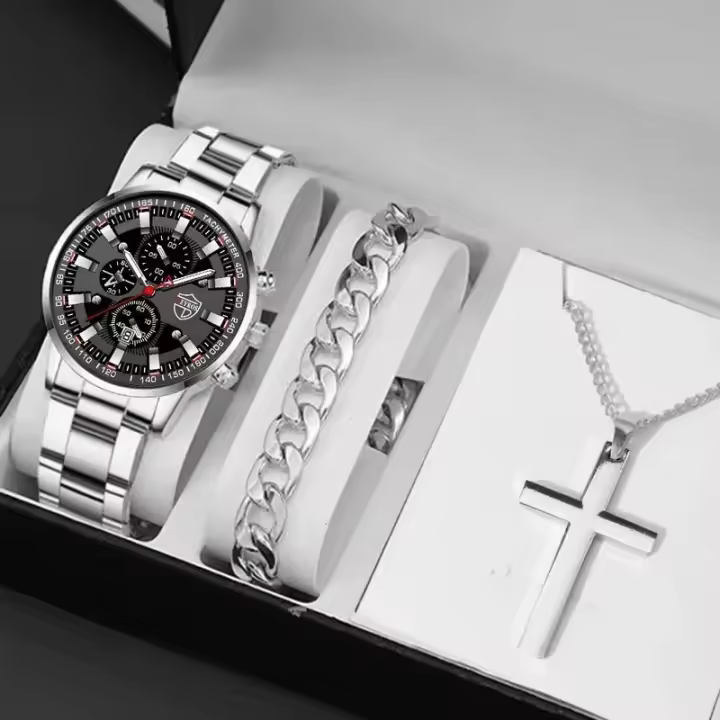 Reloj De Pulsera De Cuarzo Para Hombre DEYROS 3PCS Calendario Moda Acero Inoxidable Lujo Pulsera De Moda Reloj De Muñeca Con Cadena - 1