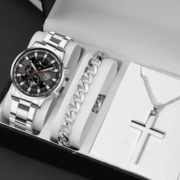 Reloj De Pulsera De Cuarzo Para Hombre DEYROS 3PCS Calendario Moda Acero Inoxidable Lujo Pulsera De Moda Reloj De Muñeca Con Cadena - 1