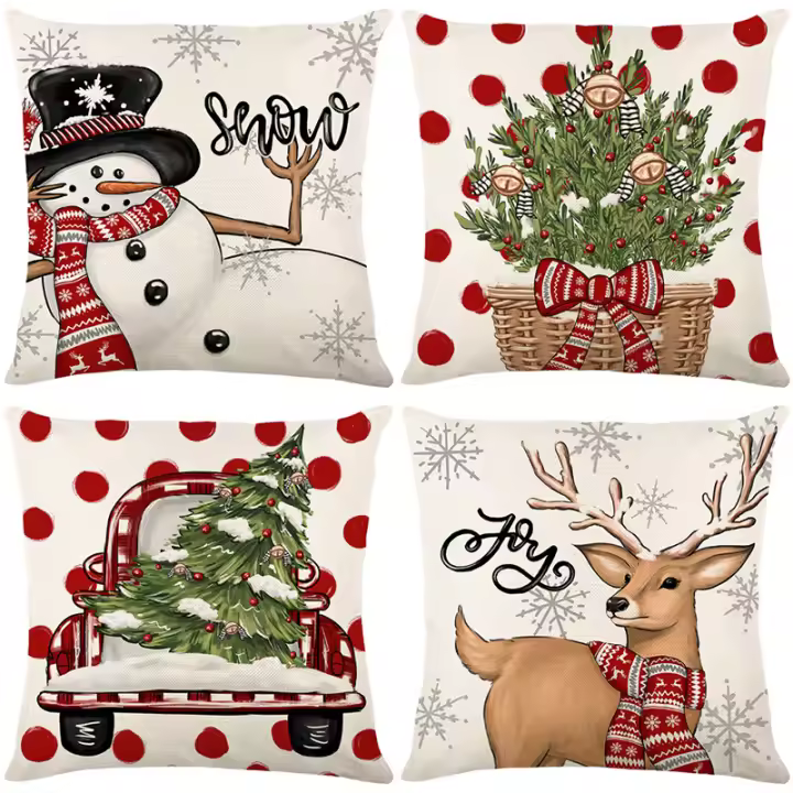 Juego de 4 fundas de almohada de Navidad, juegos de cojín de impresión de lino para sofá, oficina y decoración del hogar - 1