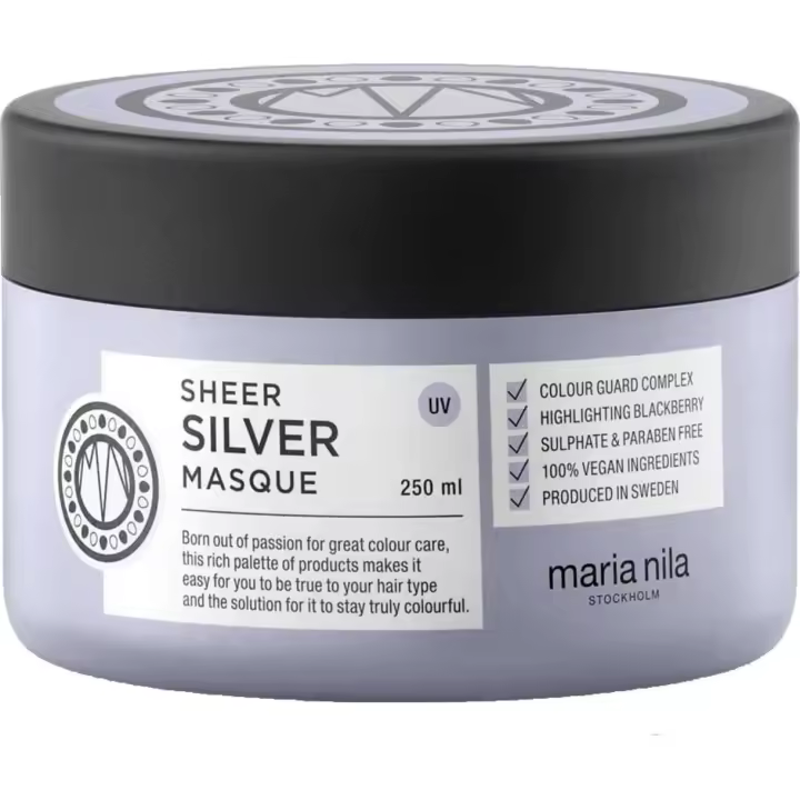 MARIA NILA SHEER SILVER HAIR MASQUE 250ML Mascarilla Matizadora anti-amarillos. Un tratamiento suave con pigmentos violetas para cabellos rubios que hidrata, nutre y da un resultado sedoso y suave. - 1