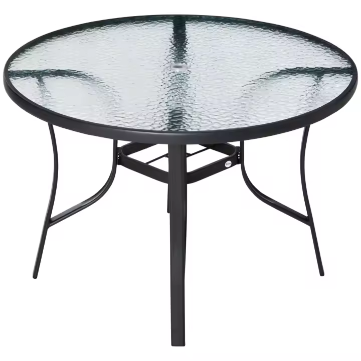 Outsunny Mesa de Cristal de Jardín con Agujero para Sombrilla Mesa para Comer Redonda con Marco de Acero para Exterior Terraza Balcón Ø106,5x71 cm Negro - 1