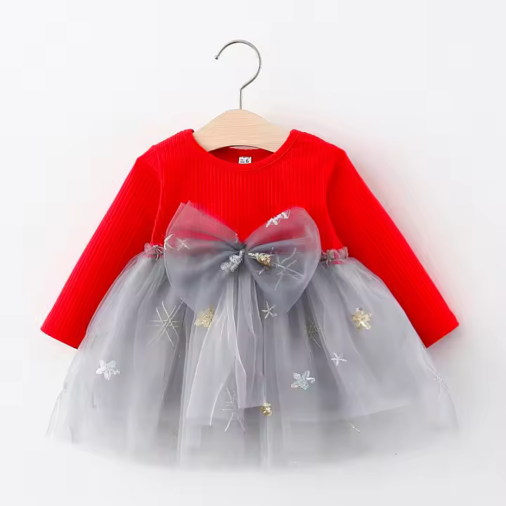Vestido De Fiesta De Princesa Para Niñas Con Mangas Largas Y Encaje De Lentejuelas Para Primavera Y Otoño Vestido De Cumpleaños Con Lazo Y Tejido Spliced - 1