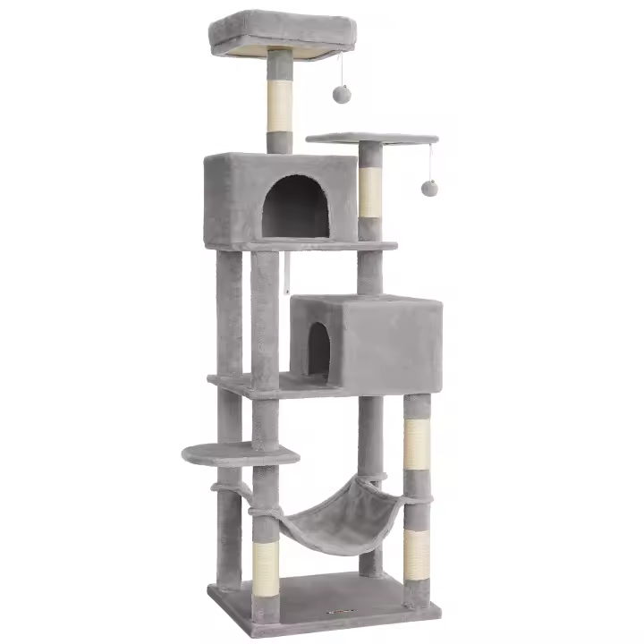 Feandrea Árbol para Gatos de 191 cm de Altura, Rascador para Gatos con 5 Postes, 2 Plataformas, 2 Cuevas, Hamaca, 2 Pompones, Felpa Multicapa, Gris Claro - 1