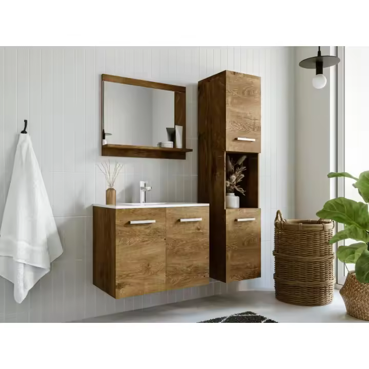 Vente-unique - Mueble de baño efecto madera con estante - Ancho 30 x Prof. 30 x Alt. 133 cm - MIELA - 1