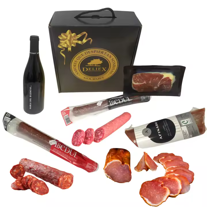 Deliex delicias de Extremadura. Lote de ibéricos con vino Habla del Silencio. Cesta regalo con jamón, embutidos ibéricos y vino. - 1