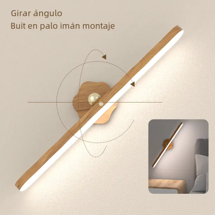 Lámpara De Noche LED De Madera Con Espejo Luz Frontal Recargable Magnética Para Dormitorio Lámpara De Borde Táctil - 1