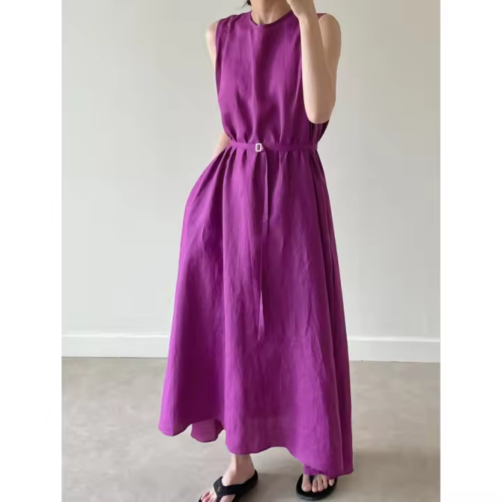 Vestido Largo Vintage De Algodón Y Lino Para Mujer REALEFT Sin Mangas Estilo Casual Suelto Con Cinturones Verano 2025 - 1