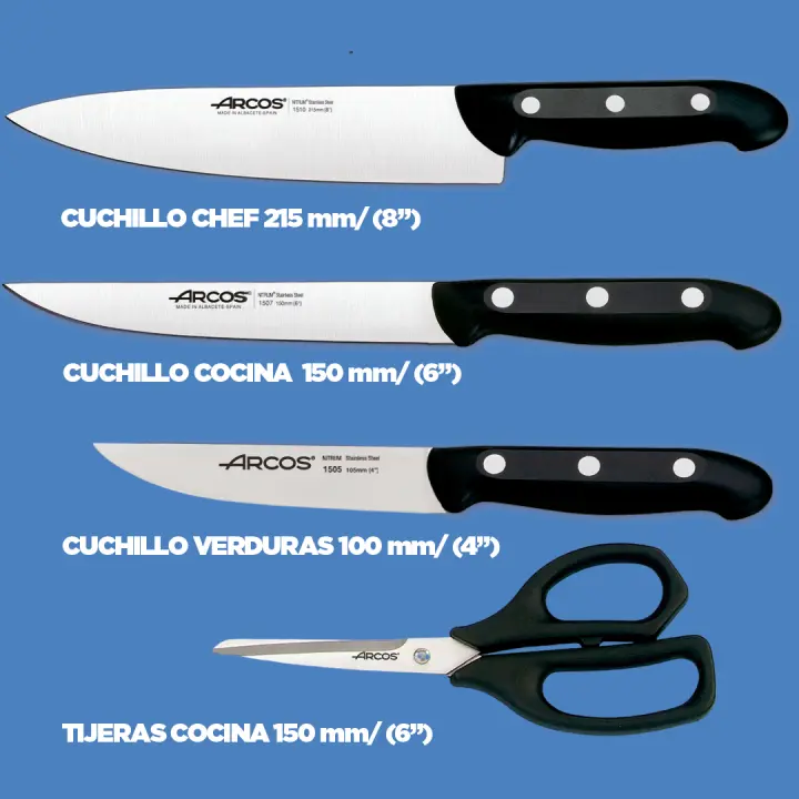 Arcos Juego Cuchillos - 3 Cuchillos Cocina Arcos con Tijera de cocina - Acero Inoxidable Nitrum - Cuchillos Arcos Maitre  Negro  Cuchillo Patatero + Cuchillo Verduras + Cuchillo Cocinero + Tijeras Cocina  Set Cuchillos - 1