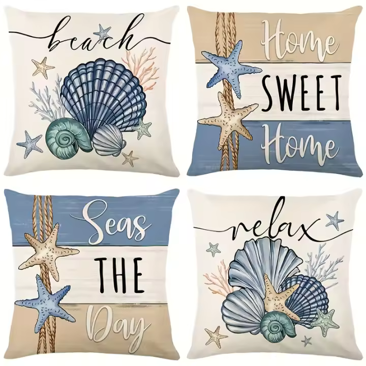 4 unidades océano Vietera y estrellas de mar impresión Cojines Tapas, verano alfabeto Almohadas Tapas para sala decoración del dormitorio - 1