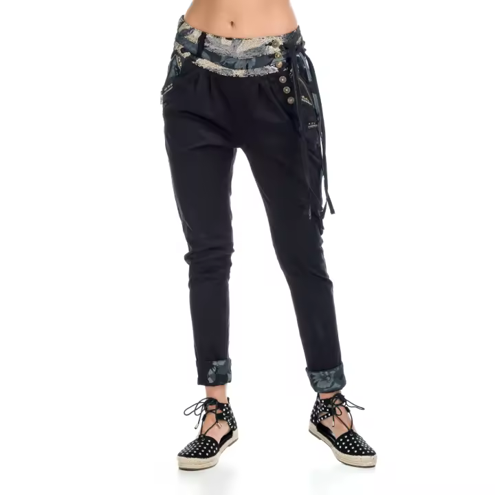 Koroshi - Pantalón semibaggy mujer de algodón con cintura estampada y lentejuelas para look urbano primavera-verano - 1