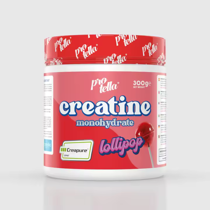 Creatina Creapure® 300g  Máxima pureza para potenciar la fuerza y resistencia muscular  Sabor Lollipop  Sin aditivos  Puede contener trazas de gluten y lactosa  Apta para veganos  Protella - 1