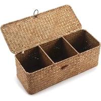 Cesta De Almacenamiento De Sargazo Rectangular Con Tapa Y 3 Compartimentos Para Cocina Restaurante Baño Decoración Del Hogar - details 0