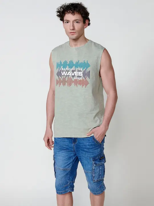 Koroshi Camiseta sin Mangas de Algodón con Cuello Redondo y Detalle Frontal en Color Kaki para Hombre - 1