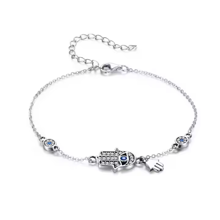 Pulsera De Hamsa Ojo Azul Con Zirconia Cadena Línea 925 Plata Esterlina Fatima De Mano Para Mujer Joyería Moda Clásica CQB079 - 1