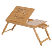 HOMCOM Mesa de Ordenador Portátil Bambú Bandeja de Cama Desayuno Plegable Reclinable Altura Ajustable Soporte Escritorio de regazo 1 Cajón 55x35x22-30cm - details 0