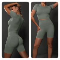 SSITO Nuevo conjunto de Pantalones cortos de manga cortos de Yoga de color sólido de melalgodón sin costura para correr, deportes y Fitness conjunto de Dos piezas - details 29