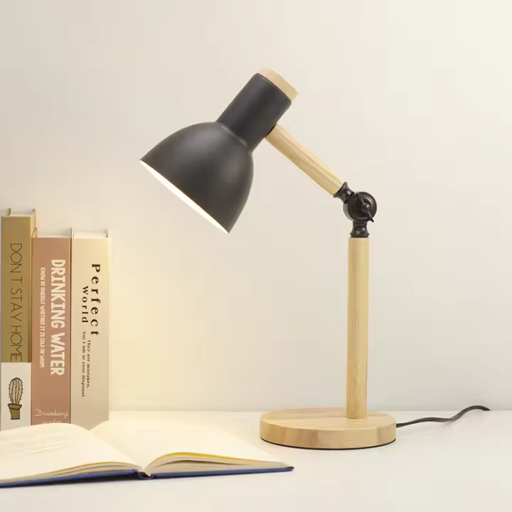 Lámpara De Mesa Nordica Con Protección Ocular E27 Ajustable En Altura Para Lectura Y Estudio Luz Nocturna Con Enchufe Material De Madera Y Hierro - 1