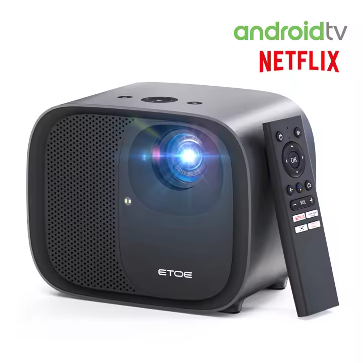 ETOE E3 Pro Proyector con Android TV, 600 ANSI, Resolución Nativa 1080P, Decodificación 4K, Enfoque Automático y Corrección de Keystone, WiFi Doble Banda y Audio de 20W - 1