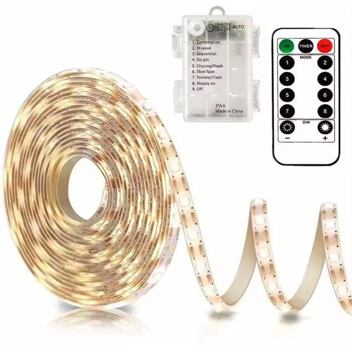 Tira de luces LED de 3 m con batería y control remoto, 90 LED impermeables, 8 modos (blanco cálido) - 1