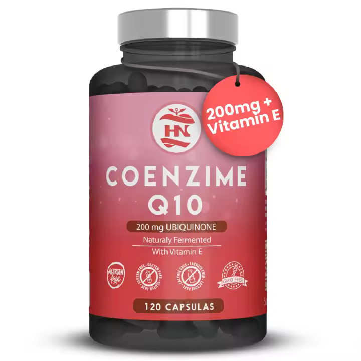 HN - Healthy Nutrition Coenzima Q10 200mg - (120 caps 4 meses) mejora la Energía y Salud Cardiovascular, Q10 Coenzima Ubiquinol apoya la Función Muscular y Aumenta el Rendimiento Físico, coq10 con Vitamina E previene envejecimiento Celular - 1