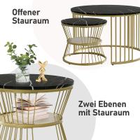 Set de 2 Mesas de Centro Nido, 70/45 cm, Tablero Negro Efecto Mármol, Estructura Metálica Dorada, Mesas Auxiliares Redondas para Salón - details 2