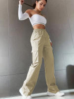 Pantalones Anchos De Cintura Alta Para Mujer Con Varios Bolsillos Para Ropa Casual Y Deportiva - details 1