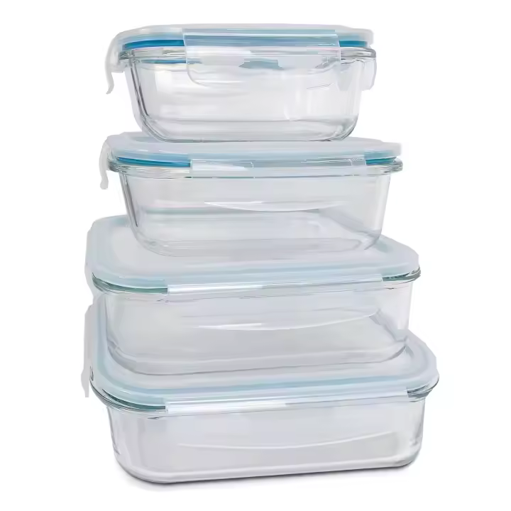 Set 4 fiambreras | Cristal | Tapa con Cierre de Silicona | Herméticos | Apto para Microondas y Lavavajillas | Capacidad - 1