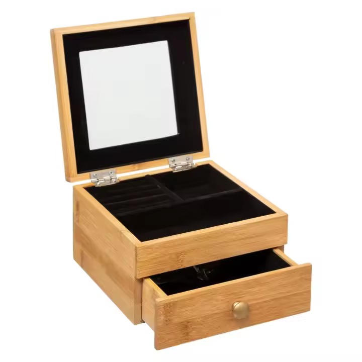 Caja Joyero de Bambú, cuadrada con Espejo y Cajón - 1