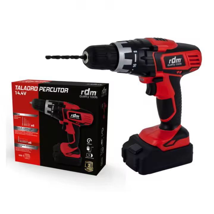 Taladro Percutor Atornillador 600rpm de 3 a 5 horas de Batería 14,4V Ni-MH RDM Quality Tools Inalámbrico con 6 brocas y 6 puntos de atornillado 1 soporte magnético Mandris automatica 0,8-10mm Incluye cargador Ref 70007 - 1