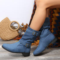 Botas De Motociclista Retro Para Mujer Talla Grande Punk Cowboy Con Hebilla Casual Moda Botas Hasta La Rodilla Material Denim Y Caña De Bote De Lona - details 3