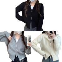 Chaqueta De Suéter Suave Para Mujer Con Capucha Y Cierre De Cremallera Estilo Preppy Comoda Y Ajustada Color Sólido Top Corto De Otoño - details 0